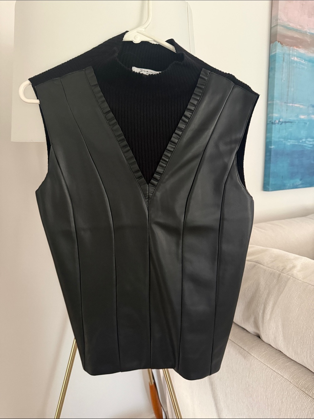 Sioni Black Faux Leather V-Neck Sleeveless Top